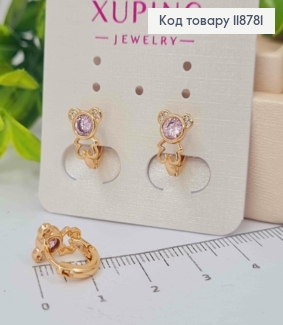 Сережки кільця (1см), "Ведмедик" з Рожевим каменем (1см), XUPING 18K 118781 фото