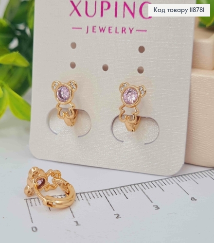 Сережки кільця (1см), "Ведмедик" з Рожевим каменем (1см), XUPING 18K 118781 фото 1