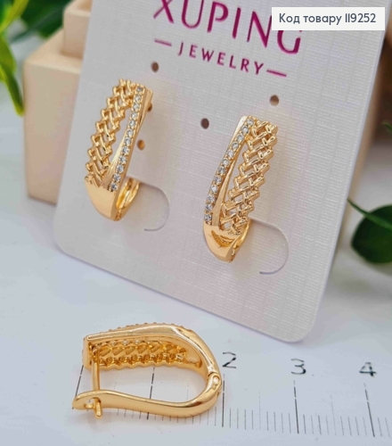 Сережки Овальні з плетінням та Блискучими камінцями, довжина 1,8см, англійська застібка, Xuping 18K 119252 фото 2