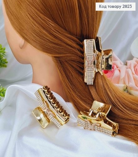 Краб пластик, золотого цвета, в камнях и с эмблемками в ассорт. продолговатый, 6см 211123 фото 1