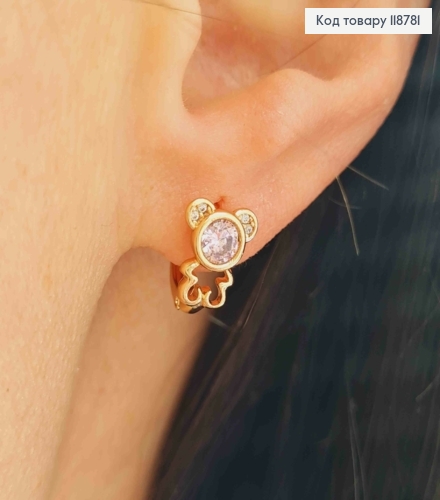 Серьги кольца (1см), "Мишка" с Розовым камнем (1см), XUPING 18K 118781 фото 2