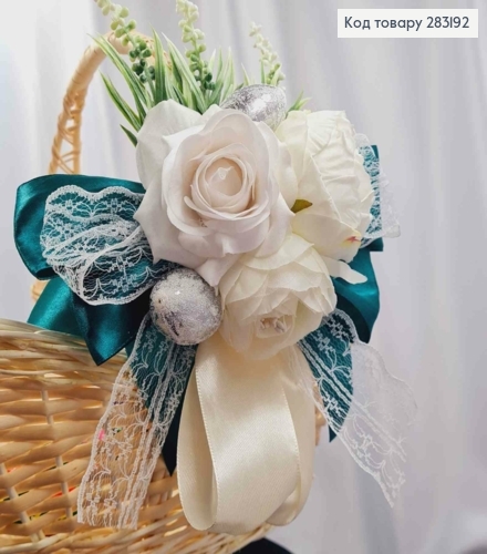 Повязка для корзины Молочно-БЕЛЫЕ пионы со ИЗУМНЫМ бантом на завязках,размер: 19*20см, Украина 283192 фото 2