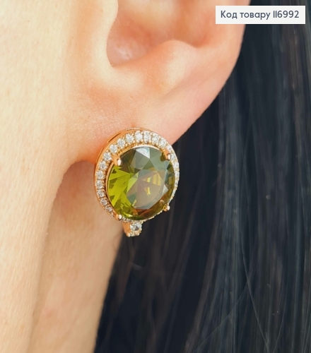 Серьги, "Небесный глаз" с камнем цвета Хаки, 1,5см. англ. зам, Xuping 18К 116992 фото 1