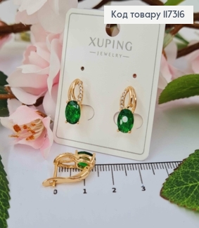 Серьги "Лепесток" с камешками и большим Зеленым камешком 1,7см, англ застежка, Xuping 18К 117316 фото