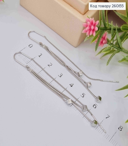 Серьги гвоздики-протяжки, серебряного цвета, Кубики на цепочках, 7см, сталь XianGuang 260155 фото 2