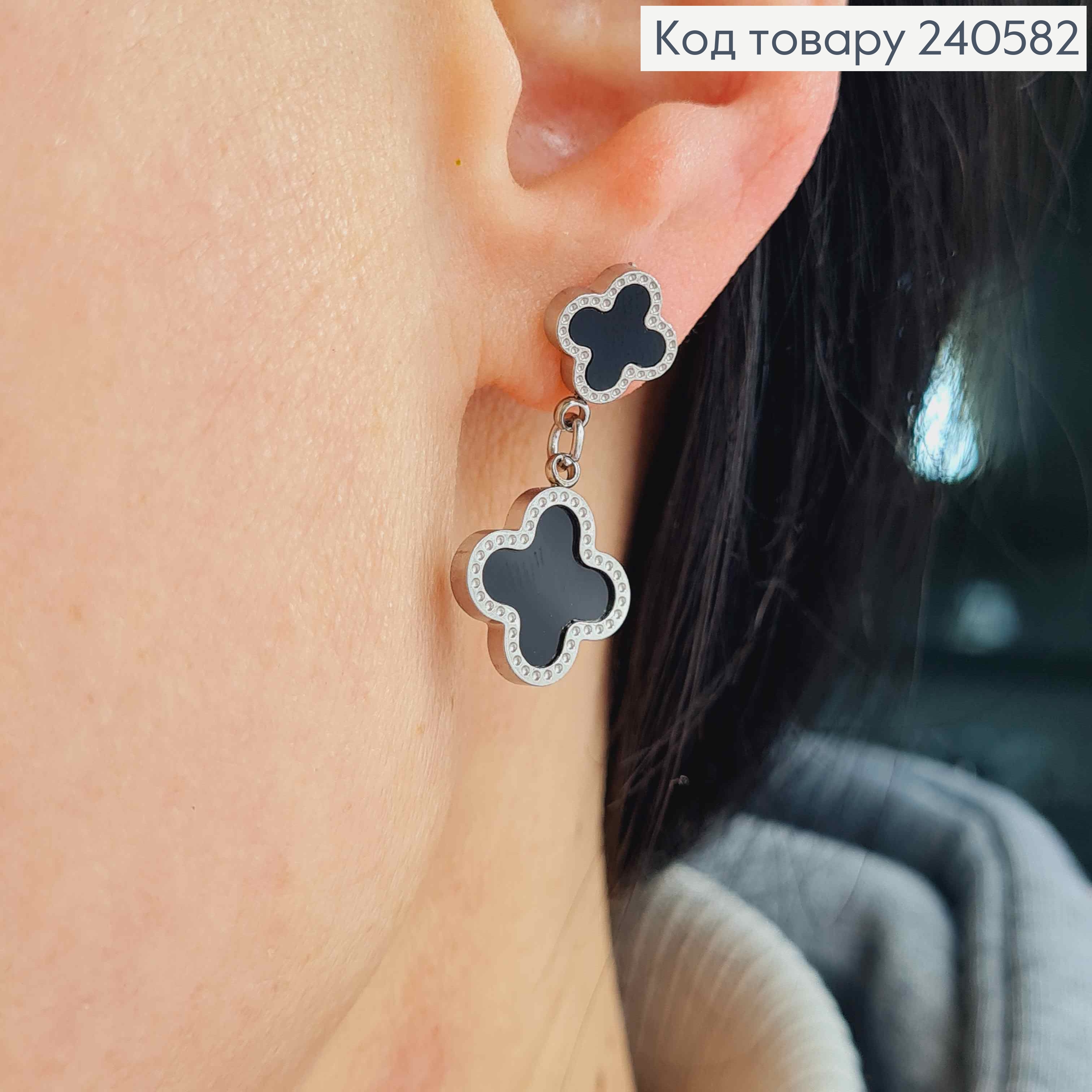 Серьги гвоздики серебряного цвета, с черной эмалью, двойные "Van Cleef", 1,6см, Stainless Steel 260055 фото 2