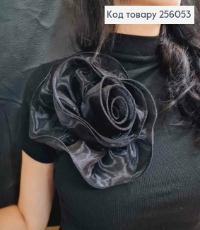 Брошь-заколка, объемная роза ЧЕРНОГО цвета, 16см, ткань органза кристаллин, ручная работа 256053 фото