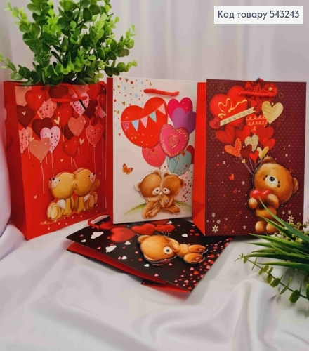 Пакет бумажный с 3D наклейкой "Медвежонок с Воздушными шариками", 23*18*10см, в ассортименте 543243 фото 1