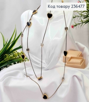 Біжутерія на шию подвійна з Сердечками та квадратними бусинами, 88+4см, Чорного+Золото кольору 236477 фото