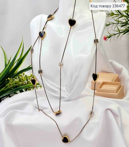 Бижутерия на шею двойная с Сердечками и квадратными бусинами, 88+4см, Черного+Золото цвета 236477 фото 1