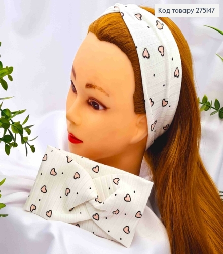 Пов'язка чалма малютка, БІЛОГО кольору з принтом "Серце", діаметр 32*8см, ручна робота, Україна 275147 фото 1