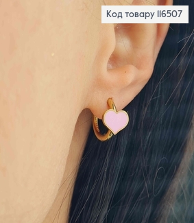 Серьги кольца, лимонного цвета, Сердечки с розовой эмалью, сталь Stainless Steel 116507 фото