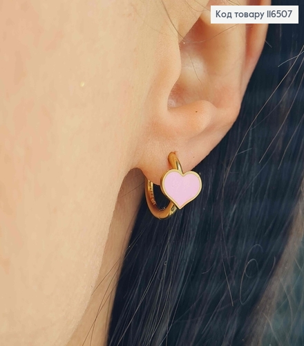 Серьги кольца, лимонного цвета, Сердечки с розовой эмалью, сталь Stainless Steel 116507 фото 1
