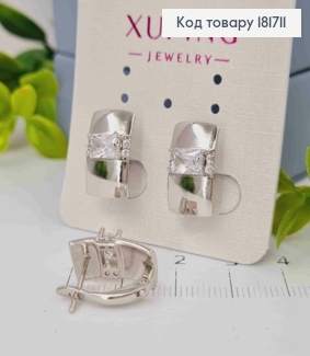Серьги родованные прямоугольная пластина с блестящим камнем, 1,6см, английская застежка, Xuping 181711 фото