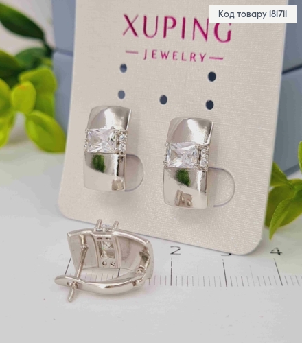 Серьги родованные прямоугольная пластина с блестящим камнем, 1,6см, английская застежка, Xuping 181711 фото 1
