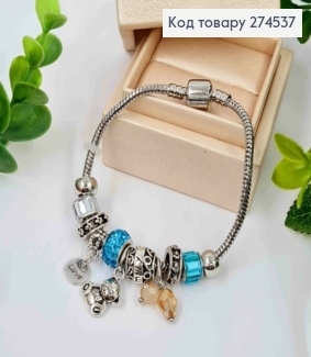 Браслет "ПАНДОРА", шармик с Голубым камнем + (Love/Мишка/Бусины), серебряного цвета, бижутерия 274537 фото