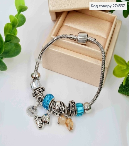 Браслет "ПАНДОРА", шармик с Голубым камнем + (Love/Мишка/Бусины), серебряного цвета, бижутерия 274537 фото 1