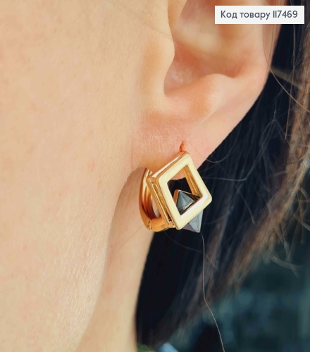 Серьги кольца, с Квадратным Чёрным камешком в Квадрате, диаметр 1,6см, Xuping 18К 117469 фото 2