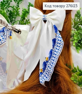 Бант БЕЛОГО цвета с принтом "Синие Цветы", на заколке 8см, ткань стрейч котон, разм 14*31см 276123 фото