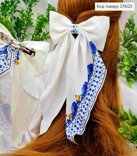 Бант БЕЛОГО цвета с принтом "Синие Цветы", на заколке 8см, ткань стрейч котон, разм 14*31см 276123 фото 1