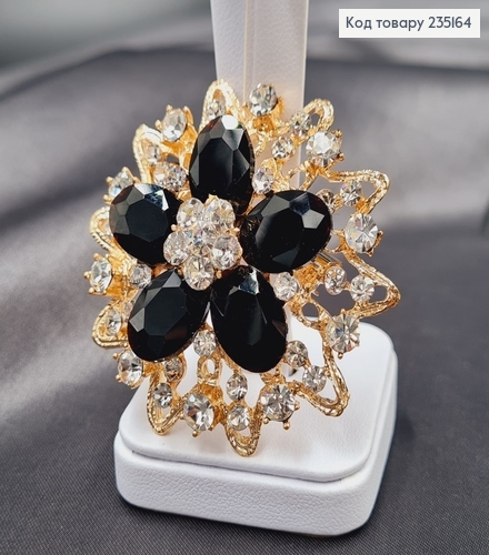 Брошка метал Цветок с черными камушками 6х6см 235164 фото 1
