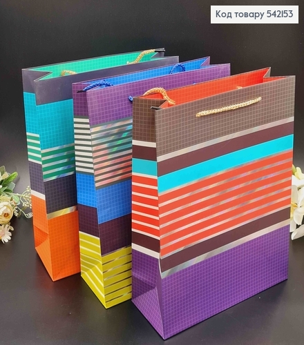 Пакет бумажный "Полосатый с золотыми линиями" 26*32*10см в ассорт. 542153 фото 2