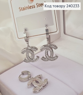 Сережки родированые кольца Chanel с камнями, 3,5*2см, Stainless Steel 240233 фото