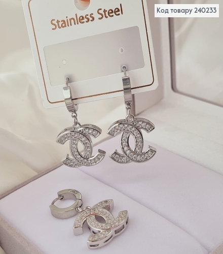 Сережки родированые кольца Chanel с камнями, 3,5*2см, Stainless Steel 240233 фото 1