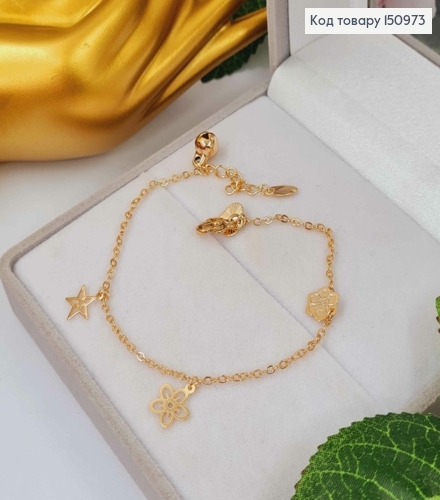 Браслет на ногу, с подвесками Цветочки, Сердце и Звездочка, дл. 17+4см, Xuping 18К 150973 фото 1