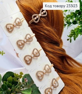 Заколка стрела металл "Бантик" с камешками и жемчужинами, 6*2,5см, Золотого цвета. 233123 фото