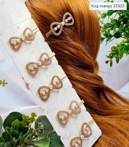 Заколка стрела металл "Бантик" с камешками и жемчужинами, 6*2,5см, Золотого цвета. 233123 фото 1