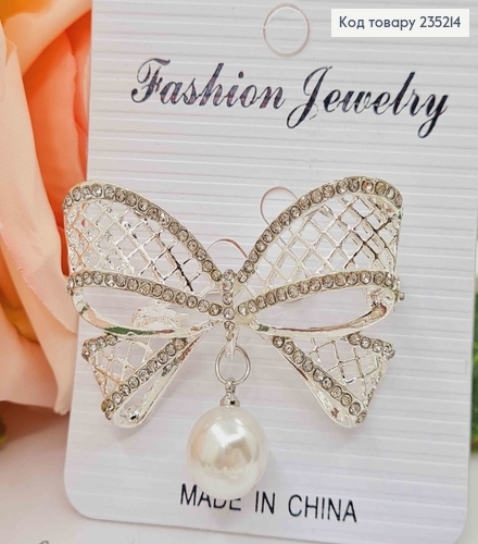 Брошь металл, "Бантик" серебряного цвета, с плетением, в камнях, с жемчужиной, 4,5см 235214 фото 2