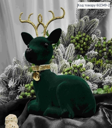 Новогодняя фигура ОЛЕНЬ, ИЗУМРУДНОГО цвета, БАРХАТ,размер 18*19см +год 6см,пластик, Украина 612349-2 фото 1