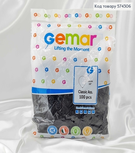 Воздушный шар латексный 10' Gemar Чорный Матовый (26см ), 100шт/уп 574306 фото 1