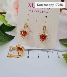 Серьги "Красное Сердце" украшено маленькими камешками, длина 1,6см, англ. застежка XUPING 18K 117258 фото