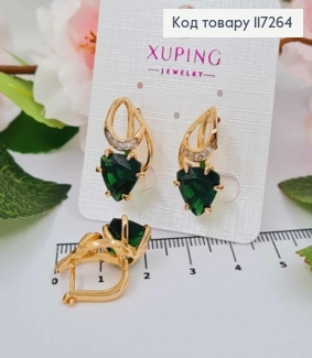 Серьги с большим ЗЕЛЕНЫМ камнем и витком с камешками, длина 2,2см, англ. застежка XUPING 18K 117264 фото