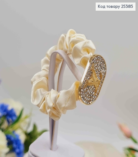 Резинка жатка 6см, Молочного кольору, з пластинкою "Луї Вітон" в камінцях 253185 фото 1