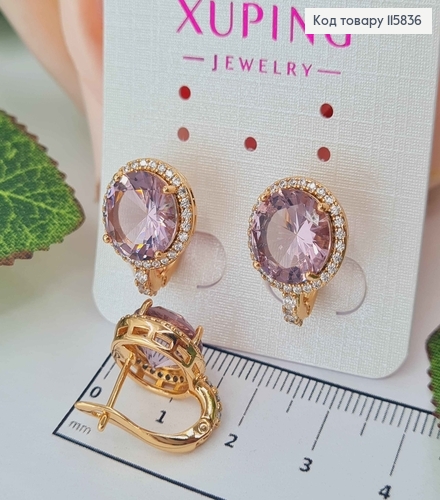 Серьги "Дева" с большим Лиловым камешком в оправе из камешков, 1,5см., англ. зам.Xuping 18K 115836 фото 1