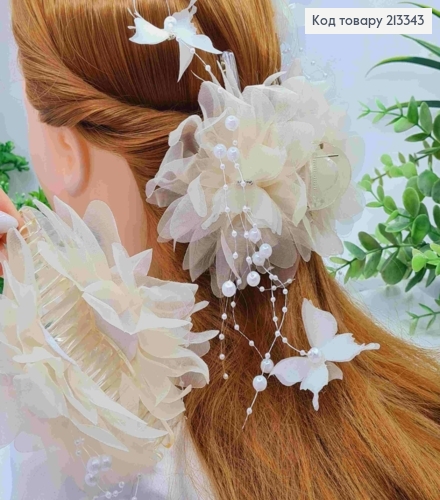 Краб пластик с бантиком из органзы, с бусинками, камешками и бабочками, 13см, КРЕМОВОГО цвета 213343 фото 1