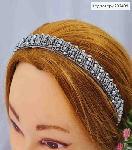 Обруч пластик, СРІБНОГО кольору,  плетений Стеклярусом та Бісером, ширина 1,5см 292409 фото 1