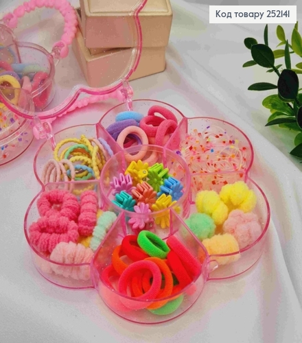 Набір дитячий : резинки Мікрофібра/ Шнурок/ Силіконова + Крабіки "Квітка", Яскраві кольори в асорти 252141 фото 2