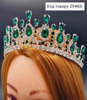 Диадема "Великая" под серебро, с Зелеными блестящими камешками, 6см наивысшая точка 294166 фото