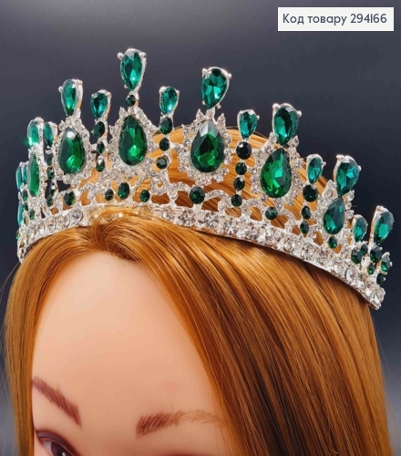 Діадема "Велична" під срібло, з Зеленими блискучими камінцями, 6см найвища точка 294166 фото 1