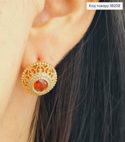 Сережки "Райська Богемія" з Червоним камінцем, 1,5см, англійська застібка, Xuping 18K 118208 фото 3