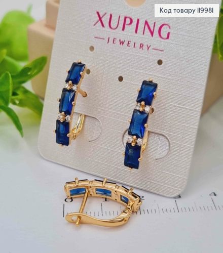 Серьги с тремя Синими камешками, 2,2см, английская застежка, Xuping 18K 119981 фото 1