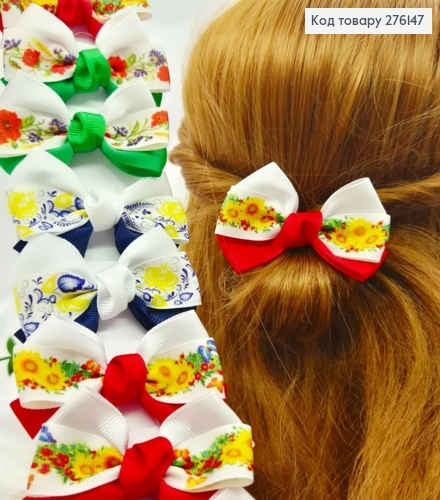 Бант РАЗНОЦВЕТНЫЙ с принтом Цветы, на резинке, ткань репс, 7,5*6см, ручная работа 276147 фото 1
