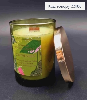 Аромасвічка СОЕВА в стакані "Positive Vibes", з кришкою та дерев'яним гнотом, 220г/35год, BARTEK 331188 фото