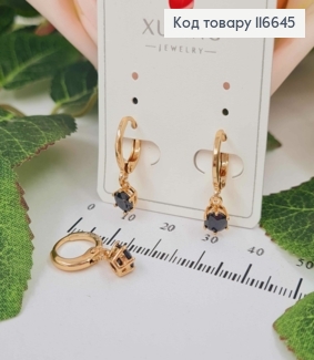 Сережки кільця 1см, з підвіскою чорним камінцем 5мм, Xuping 18K  116645 фото