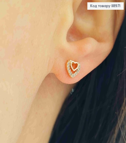 Серьги гвоздики "СЕРДЕЧКА" украшены Блестящими камнями, длина 0,6см, Xuping 18K 118971 фото 1