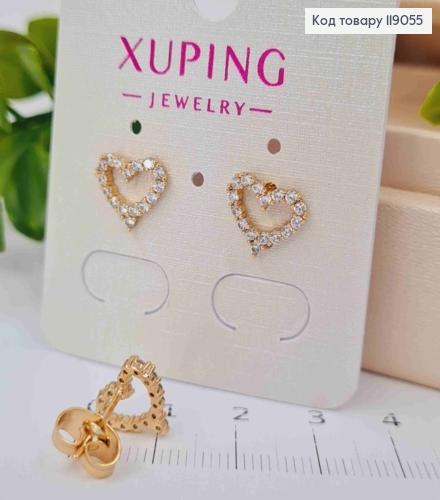 Серьги гвозди "СЕРДЦЕ" украшены Блестящими камешками, 0,9*1,1см, Xuping 18К 119055 фото 2